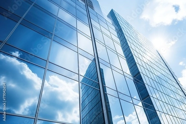 Fototapeta Blue glass skyscraper reflecting clouds and sun