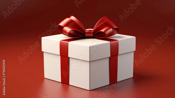 Obraz White rapped gift box with a glossy red ribbon bow on a matching red background. The white box and vibrant red details make this image perfect for themes of celebration, gifting, and holidays.