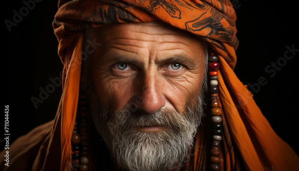 Fototapeta A wise old man with a beard, turban, and serene expression generated by AI