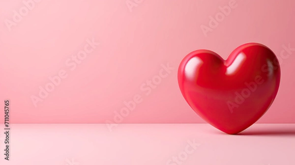 Fototapeta 3d Valentine's Day red heart on pink background with copy space, Valentine's Day background