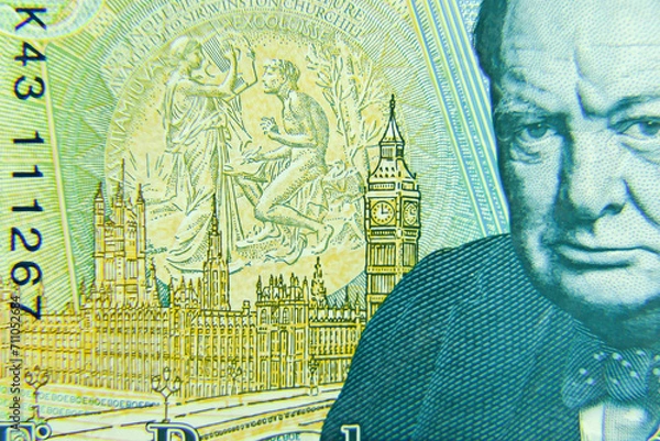 Obraz London, UK, 2 January 2024: British five pounds sterling banknote  closeup with selective focus. Portrait of Sir Winston Churchill, Prime Minister of the United Kingdom 