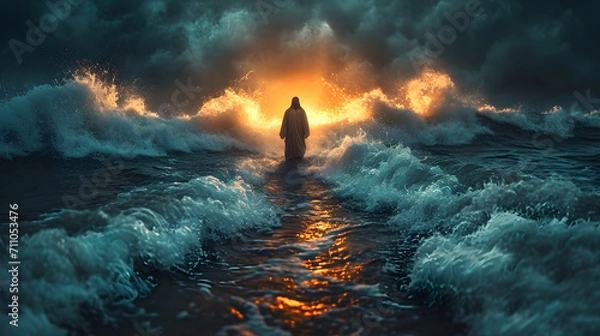 Obraz Jesus walking on water during a storm. Biblical theme concept.