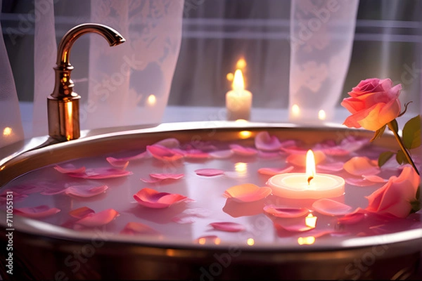 Fototapeta Romantic rose petal bath illuminated by soft candlelight. Delicate watercolor strokes emphasize floating petals, creating an ethereal and whimsical evening.
