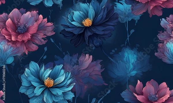 Fototapeta Craft a top-tier, high-resolution 3D wallpaper showcasing botanical flowers in a flowing alcohol ink style, set against a bioluminescence