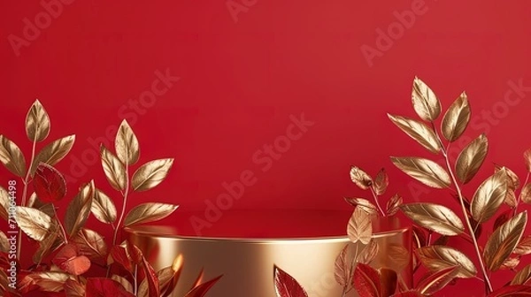 Obraz 3d render of golden podium and gold leaves on red background, ai generative