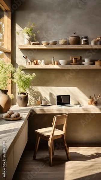 Fototapeta A wooden desk and chair in a sunlit room