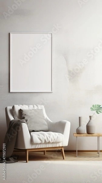 Fototapeta White armchair with gray cushions and a gray blanket in front of a blank wall