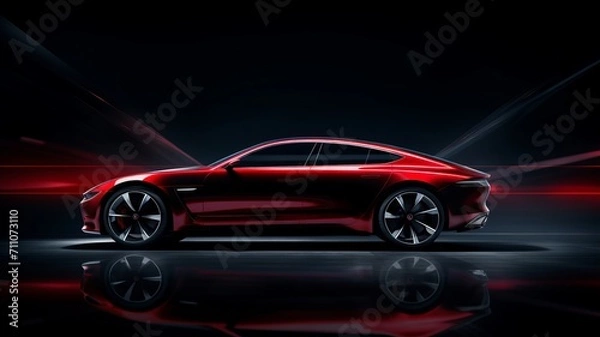 Fototapeta Luxury expensive car parked on dark background. Sport and modern luxury design red car. Shiny clean lines and detailed front view of modern automotive.