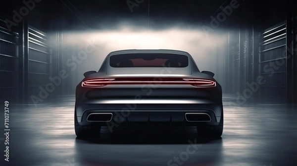 Fototapeta Luxury expensive car parked on dark background. Sport and modern luxury design gray car. Shiny clean lines and detailed front view of modern automotive.