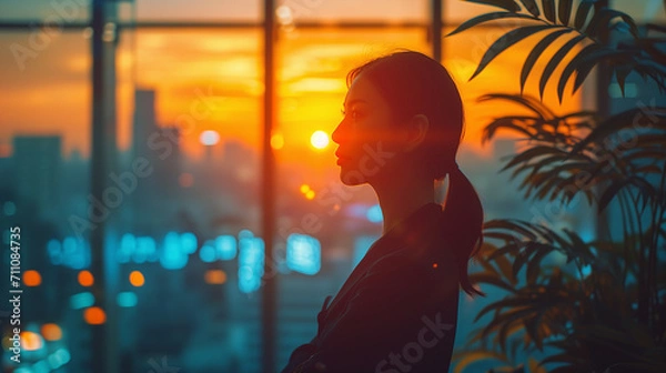 Obraz オフィスの窓から街を眺める女性