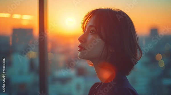 Obraz オフィスの窓から街を眺める女性