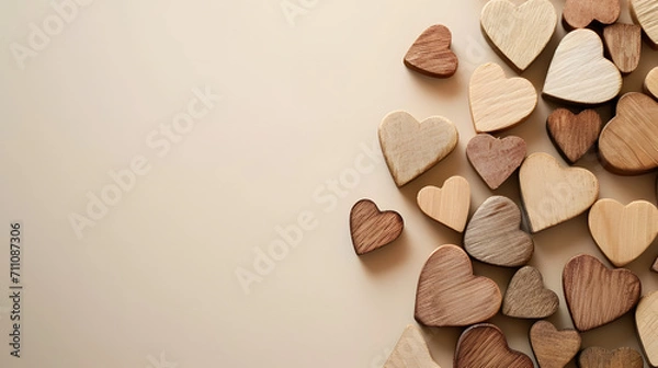 Obraz A rustic display of unity and love, as a collection of wooden hearts adorns the wall with charm and character