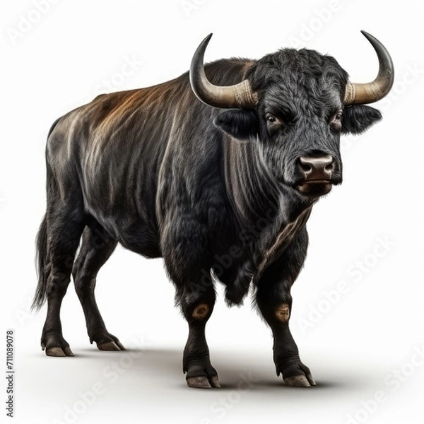 Fototapeta Majestic black bull with curved horns standing against a white background, full body visible.