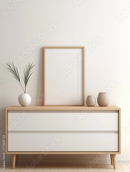 Fototapeta Mockup poster above minimalist drawer against white wall