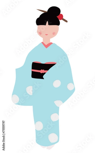 Obraz 水玉の着物女性　全身　表情無し　お団子ヘア