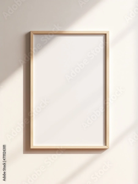 Fototapeta Mockup poster with wooden frame on white wall with light reflections