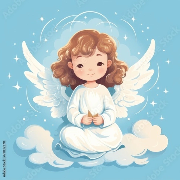 Fototapeta illustration of a cute little angel sitting on a cloud