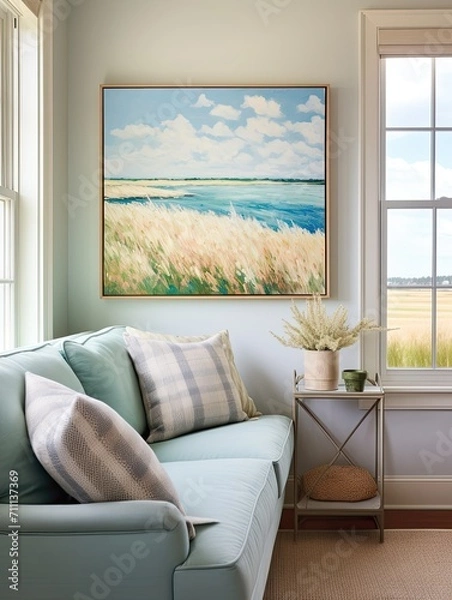 Fototapeta Coastal Horizon Breezes: Hand-Painted Field Painting Inspired by the Calmness of Ocean