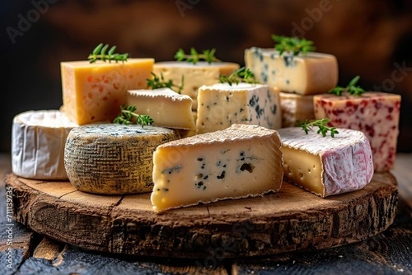 Obraz various types of cheese on rustic wooden table