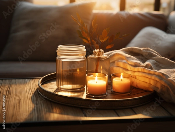 Fototapeta candles on the table, cozy, warm light. close-up shot