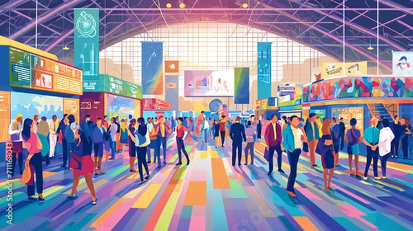 Obraz A vibrant illustration of a busy trade show event, with attendees walking through exhibits under a spacious, brightly colored venue.
