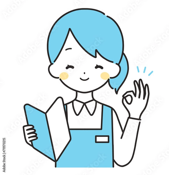 Fototapeta 水色｜初心者マークを持つ女性店員｜OKサイン