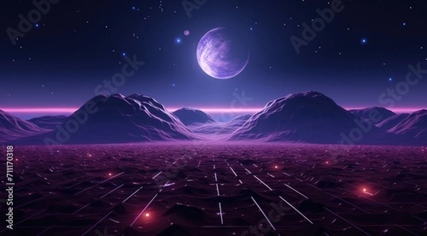 Fototapeta Futuristic purple neon light landscape background mixed with retro in classic colors.
