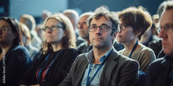 Fototapeta A focused audience attentively listens to a speaker at a professional conference event, engaging in lifelong learning.