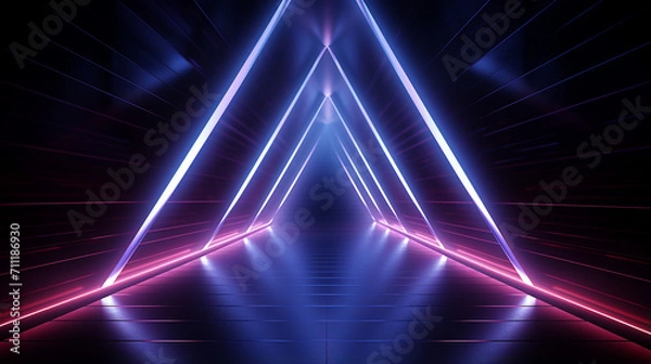 Fototapeta Laser glow geometric figure in neon light against a dark tunnel. 3d render