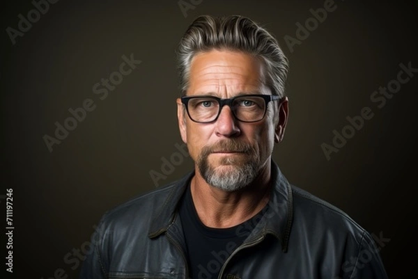 Fototapeta Handsome middle-aged man with long gray hair and beard wearing a leather jacket and glasses on a dark background