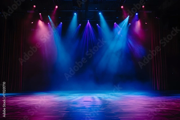 Obraz Stage light background with blue and purple spotlight illuminated the stage with smoke. Empty stage for show with backdrop decoration.