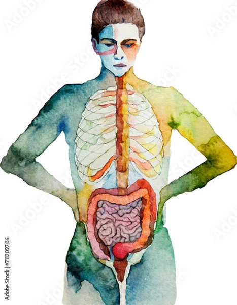 Obraz Constipation, human GI system in watercolor, PNG, transparent background
