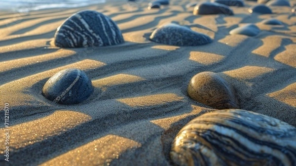 Fototapeta A minimalistic abstract of raked sand patterns and pebbles, evoking tranquility.