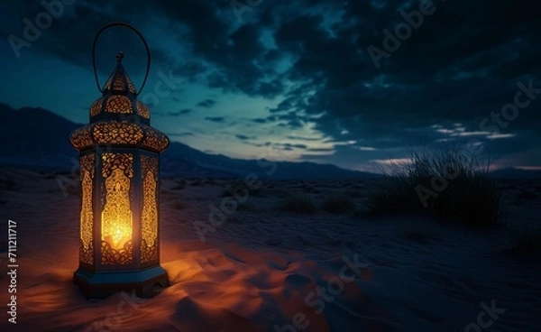 Fototapeta Desert Luminescence: A Lantern's Tale Unveiled in the Sands, Where East Meets West in a Symphony of Gold and Blue