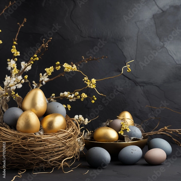 Fototapeta Osterdekoration mit schwarzen und goldenen Eiern ine einem Korb, Schwarzer Schieferähnlicher Hintergrund