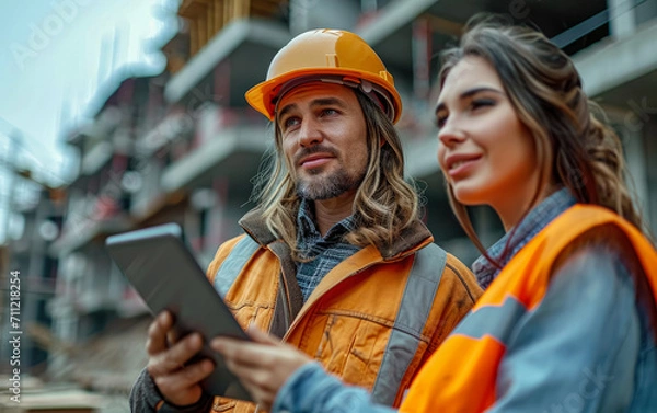 Fototapeta Engineer using tablet and talking on construction site of real estate project