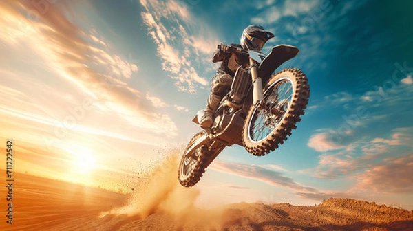 Obraz Motocross Rider Performing Jump in Desert at Sunset
