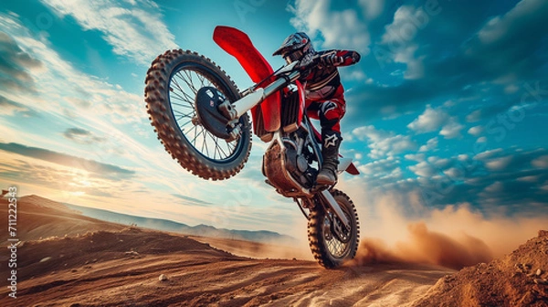 Obraz Motocross Rider Performing Jump in Desert at Sunset