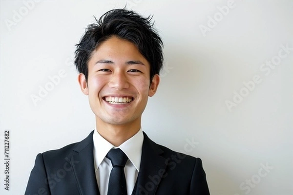 Obraz 正面の笑顔の日本人の男性ビジネスマンのポートレート写真（白背景・サラリーマン・スーツ・若手・新人・新入社員）