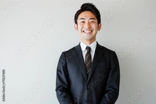 Obraz 正面の笑顔の日本人の男性ビジネスマンのポートレート写真（白背景・サラリーマン・スーツ・若手・新人・新入社員）