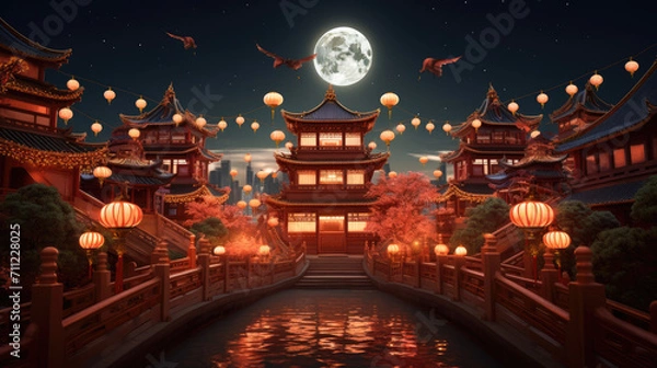 Fototapeta Chinese new year, Traditional Chinese lanterns display in Temple illuminated for Chinese new year festival, at night. Year of dragon, 2024.	
