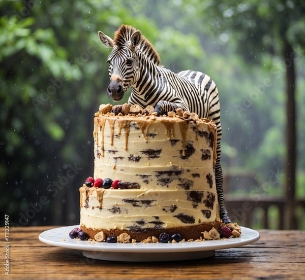 Fototapeta Zebra birthday cake with cream and fresh berries on wooden table.