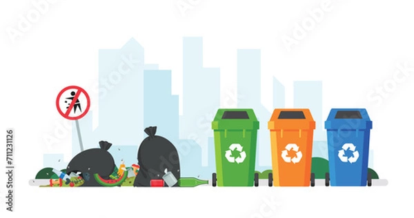 Fototapeta Trash cans with recycling bins in parks. Garbage dump in park.
