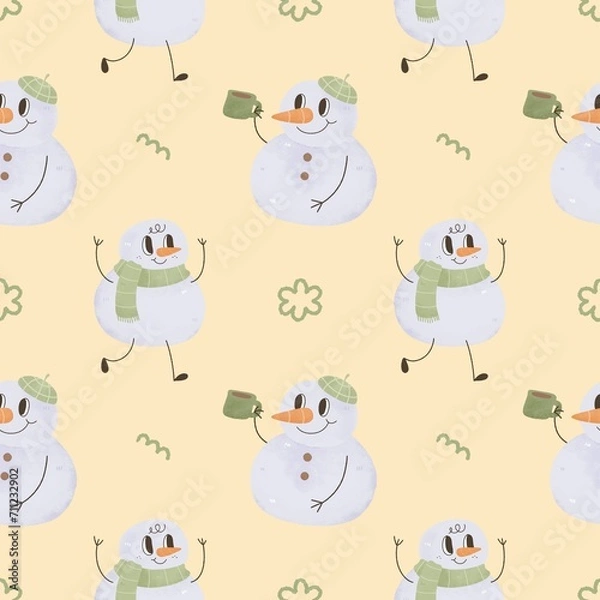 Obraz Cute kawaii cartoon  Christmas seamless pattern with snowman groovy retro , doodle hand drawn watercolor childish illustration.
