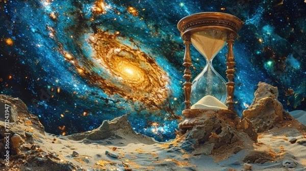 Fototapeta Symbolic depiction of time, an ancient hourglass with sands flowing amidst a backdrop of stars and galaxies