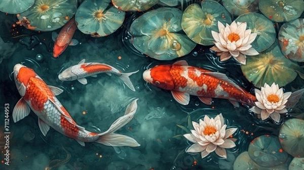 Fototapeta Watercolor illustration of a koi pond, vibrant koi fish swimming amidst lily pads, a fusion of realism and fantasy