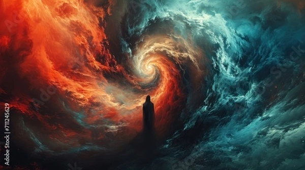 Obraz Abstract visualization of anxiety, chaotic swirls and dark colors clashing with a figure trying to find calm