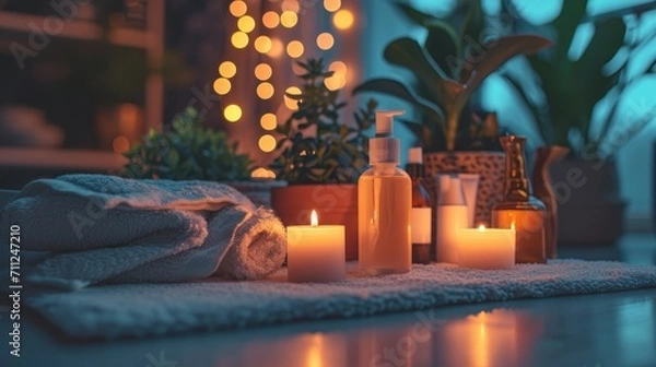 Obraz Nighttime skin care routine display, calming products and mood lighting, serene and peaceful bedtime theme