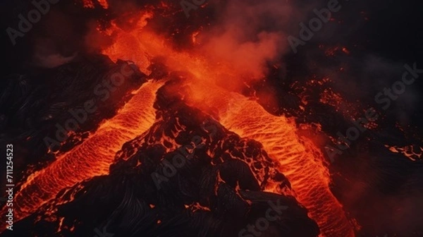 Obraz Through the lens of a drone, the hypnotic and dangerous nature of a volcanic eruption is revealed, with molten lava pulsating and flowing like a living entity.