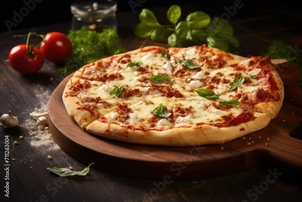 Fototapeta Mouthwatering pizza placed on a traditional wooden cutting board, ready to be enjoyed, Delicious pizza with mozzarella on a wooden board, AI Generated